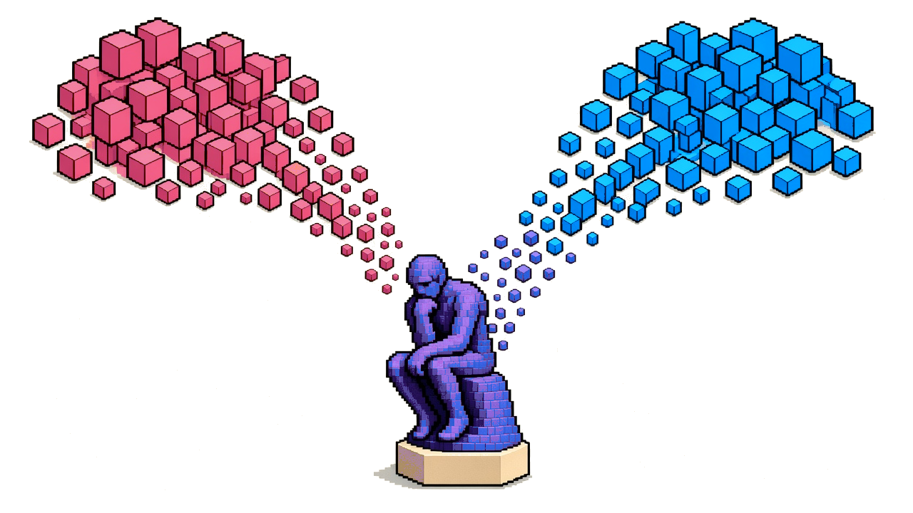 Coral and blue voxel streams combining into a partially complete purple Thinker statue