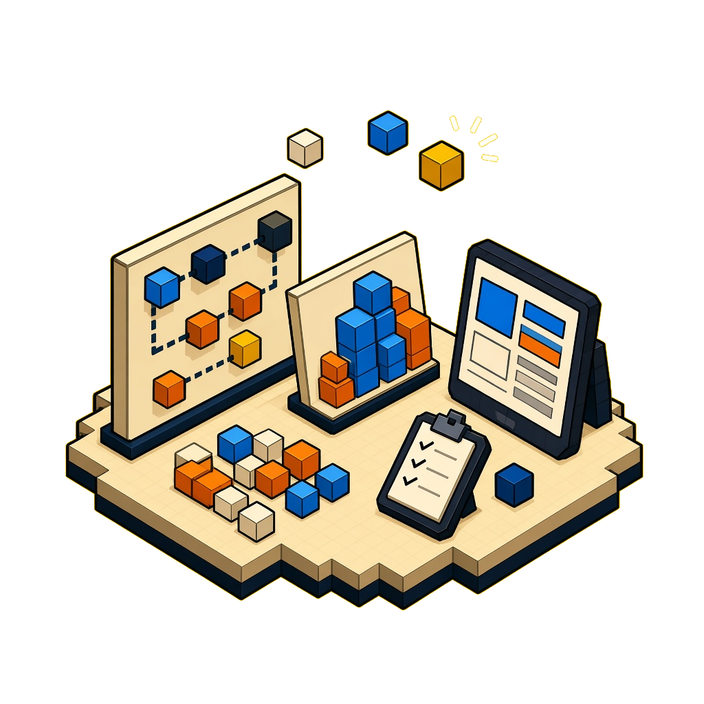 Isometric illustration of a product roadmap, prioritization board, and user testing