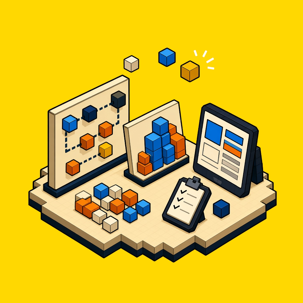 Isometric illustration of a product roadmap, prioritization board, and user testing