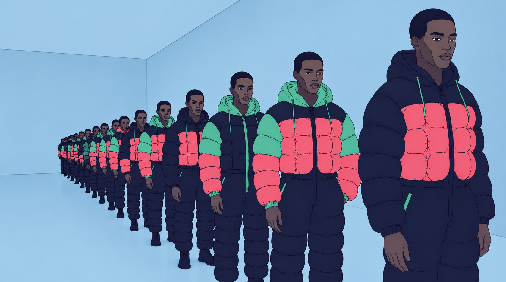 Lineup of near-identical figures in puffer jackets against a blue background, illustrating that although users look similar they fit different patterns